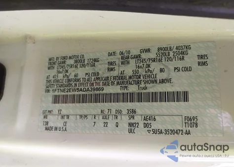 2010 Ford E-250 Commercial/Recreational from USA, damaged, VIN 1FTNE2EW5ADA39869